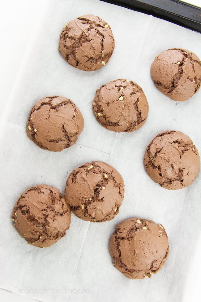 fluffy chocolate mint cake mix cookies hot out of the oven