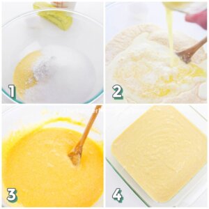 step by step photo collage showing how to make homemade cornbread batter