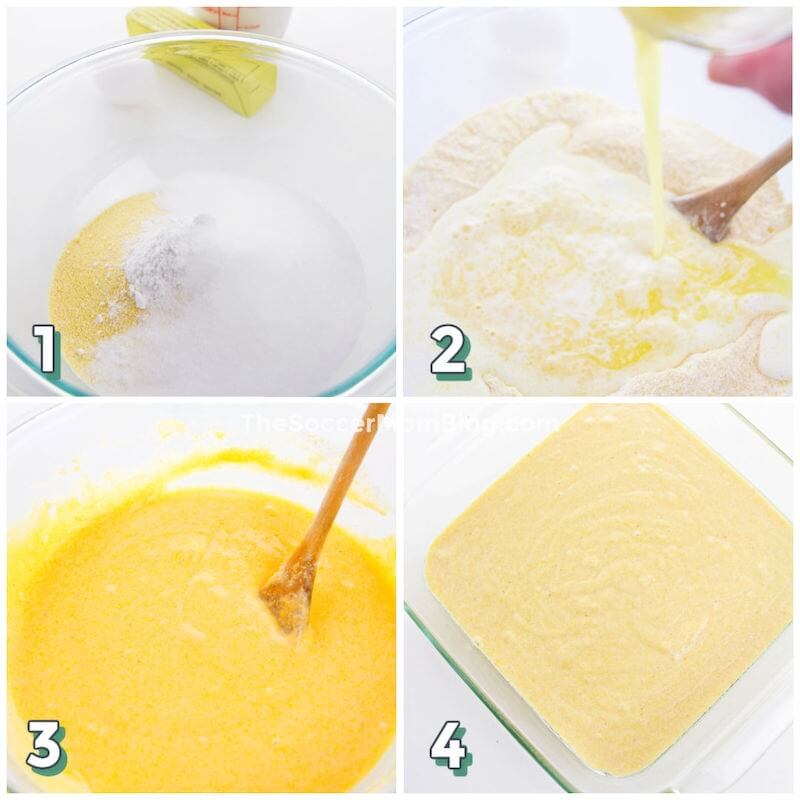 step by step photo collage showing how to make cornbread batter