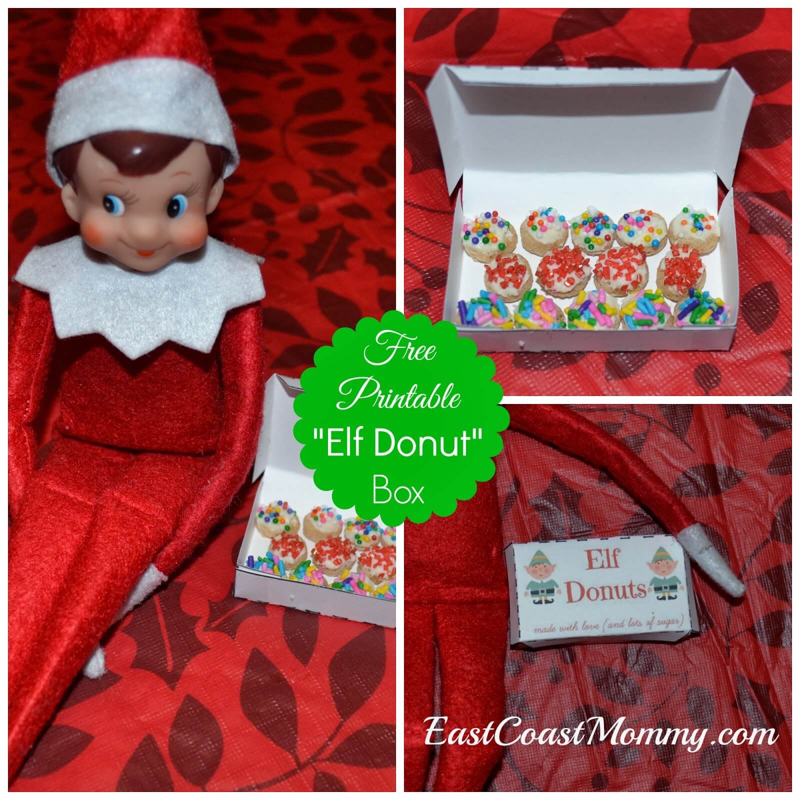 Elf on the Shelf with box of pretend donuts