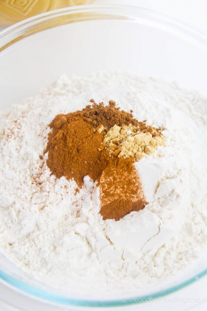 baking flour and spices in mixing bowl