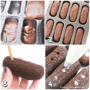 4 step photo collage showing how to make chocolate Twinkie cakes at home