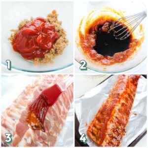 4 step photo collage showing how to make Hawaiian bbq ribs