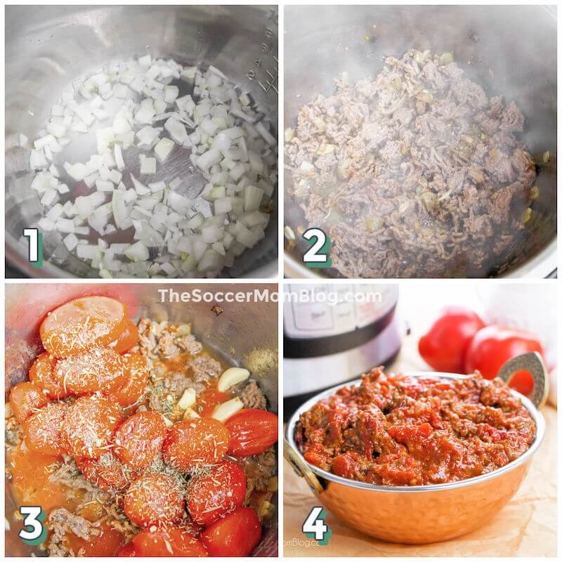 4-step photo collage showing how to make meat sauce in an Instant Pot