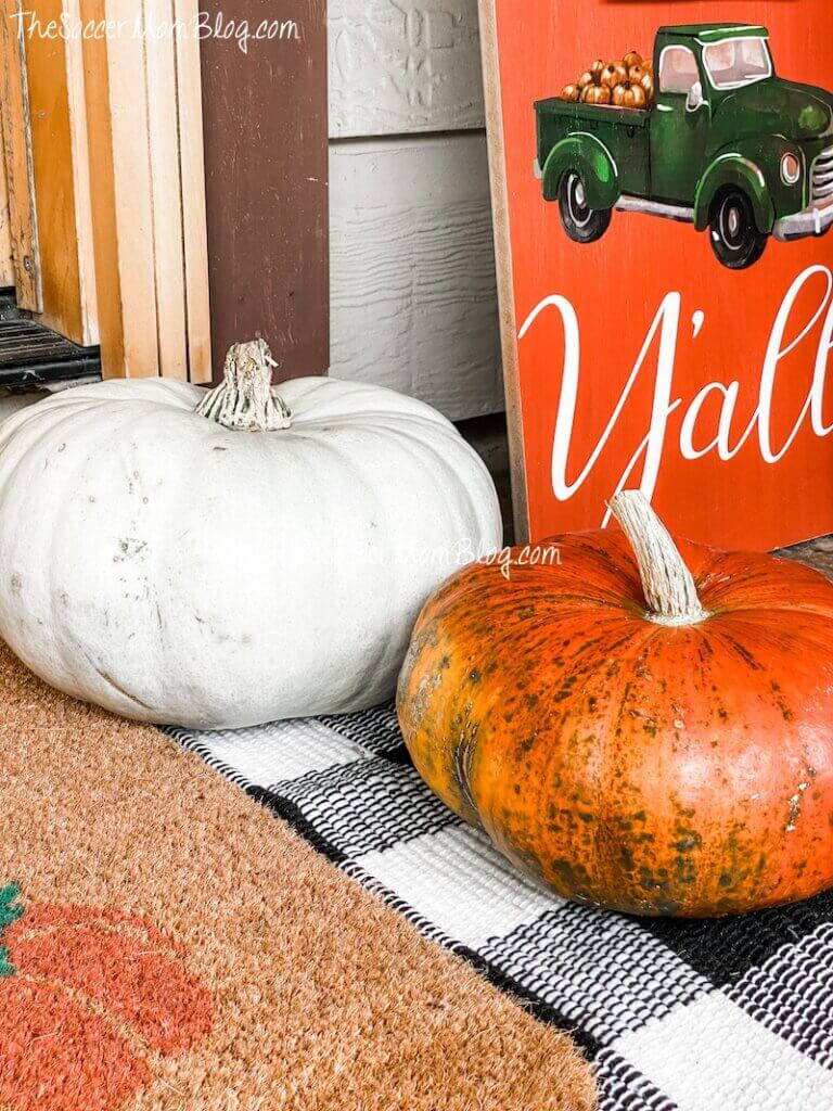white and orange pumpkin on doormat for fall
