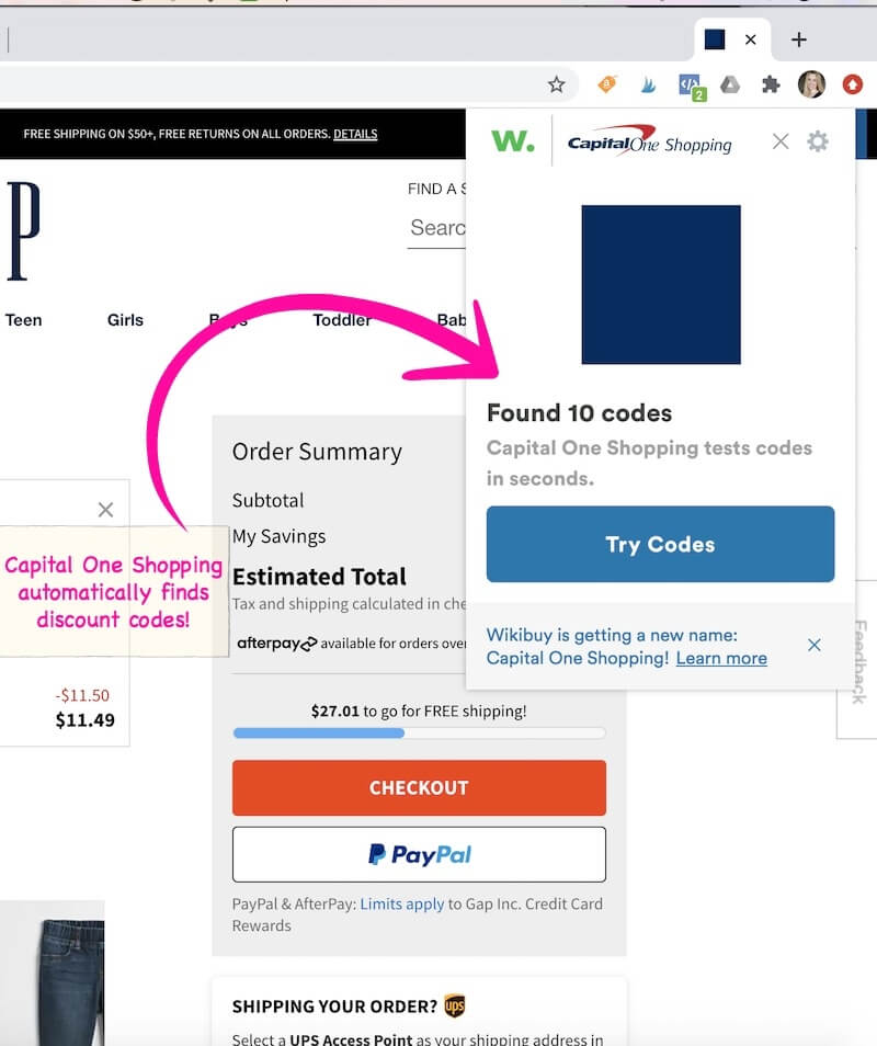 screenshot showing how Capital One Shopping add-on works