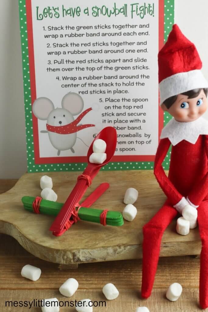 Elf on the Shelf with a marshmallow catapult
