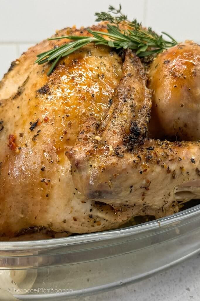 close up of a roast turkey to show juicy detail.