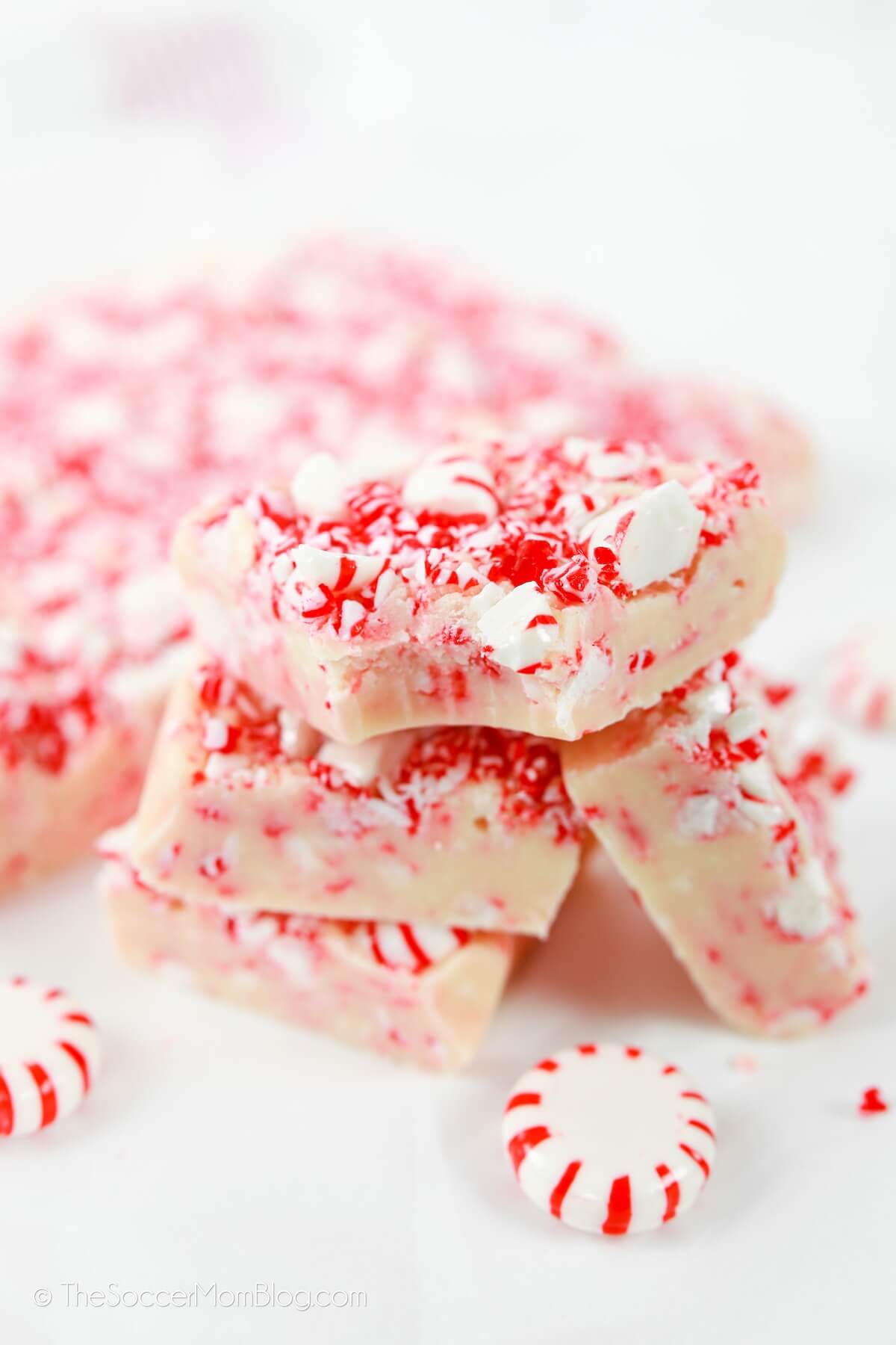 stack of white chocolate peppermint fudge squares