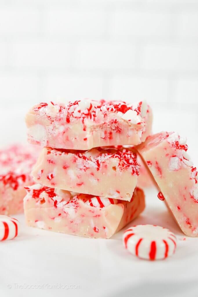 candy cane fudge squares stacked
