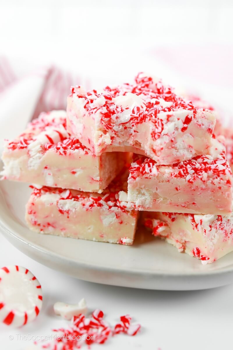 candy cane fudge stacked on serving plate