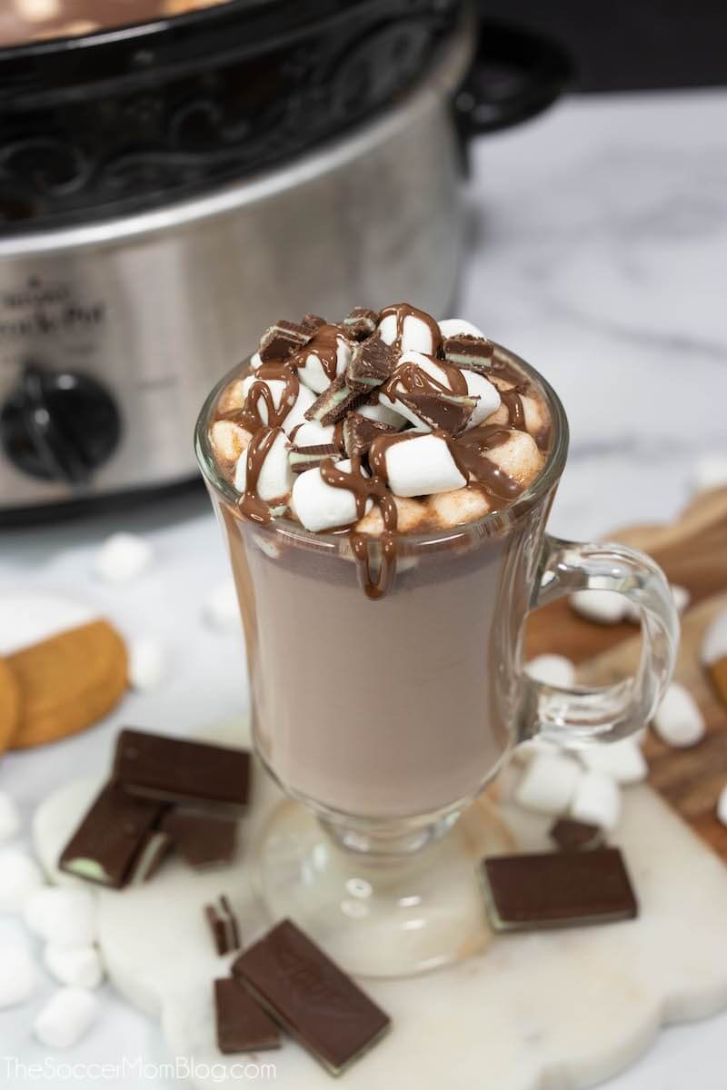slow cooker hot chocolate in mug and crockpot
