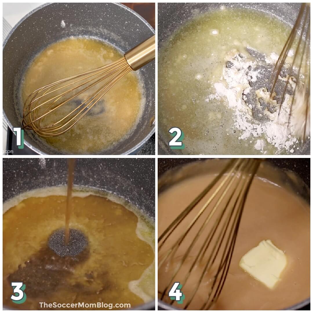 4-step photo collage showing how to make brown graven a saucepan.