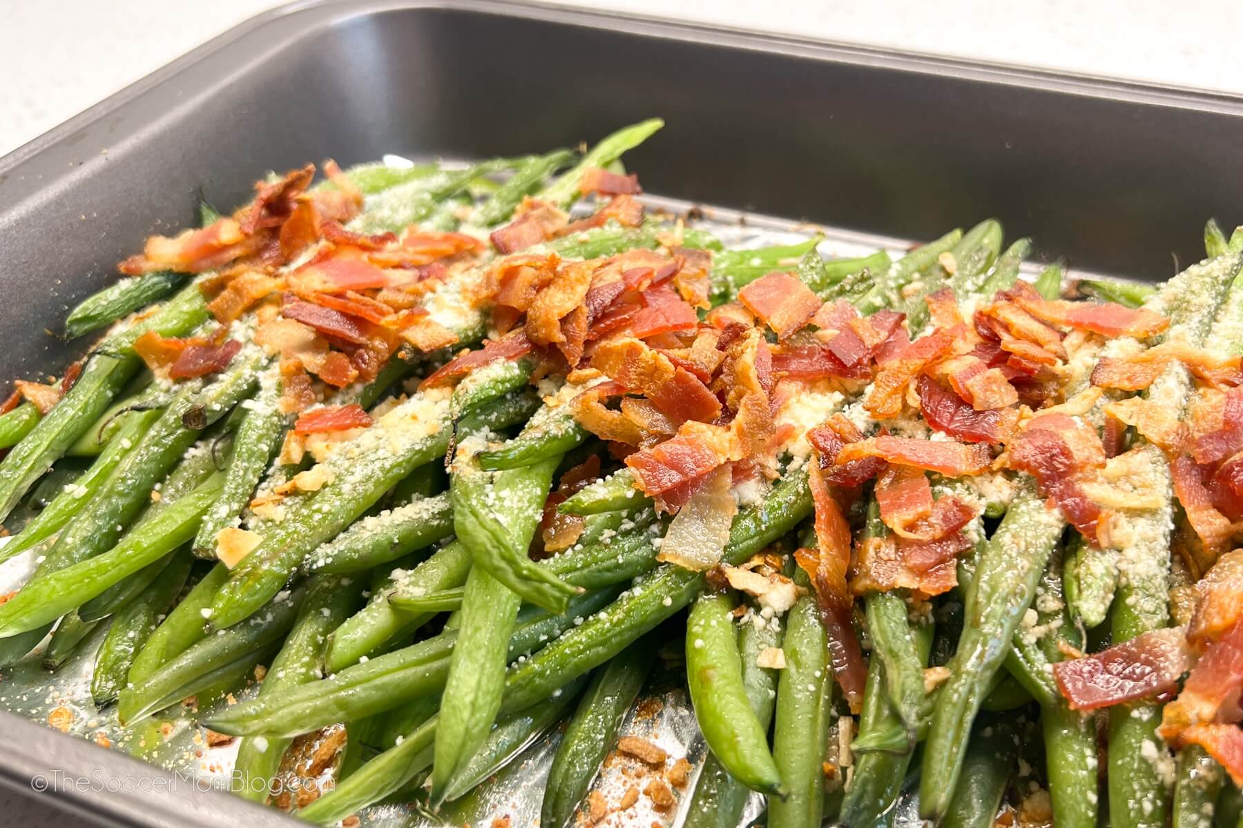 roasted green beans with parmesan and bacon.