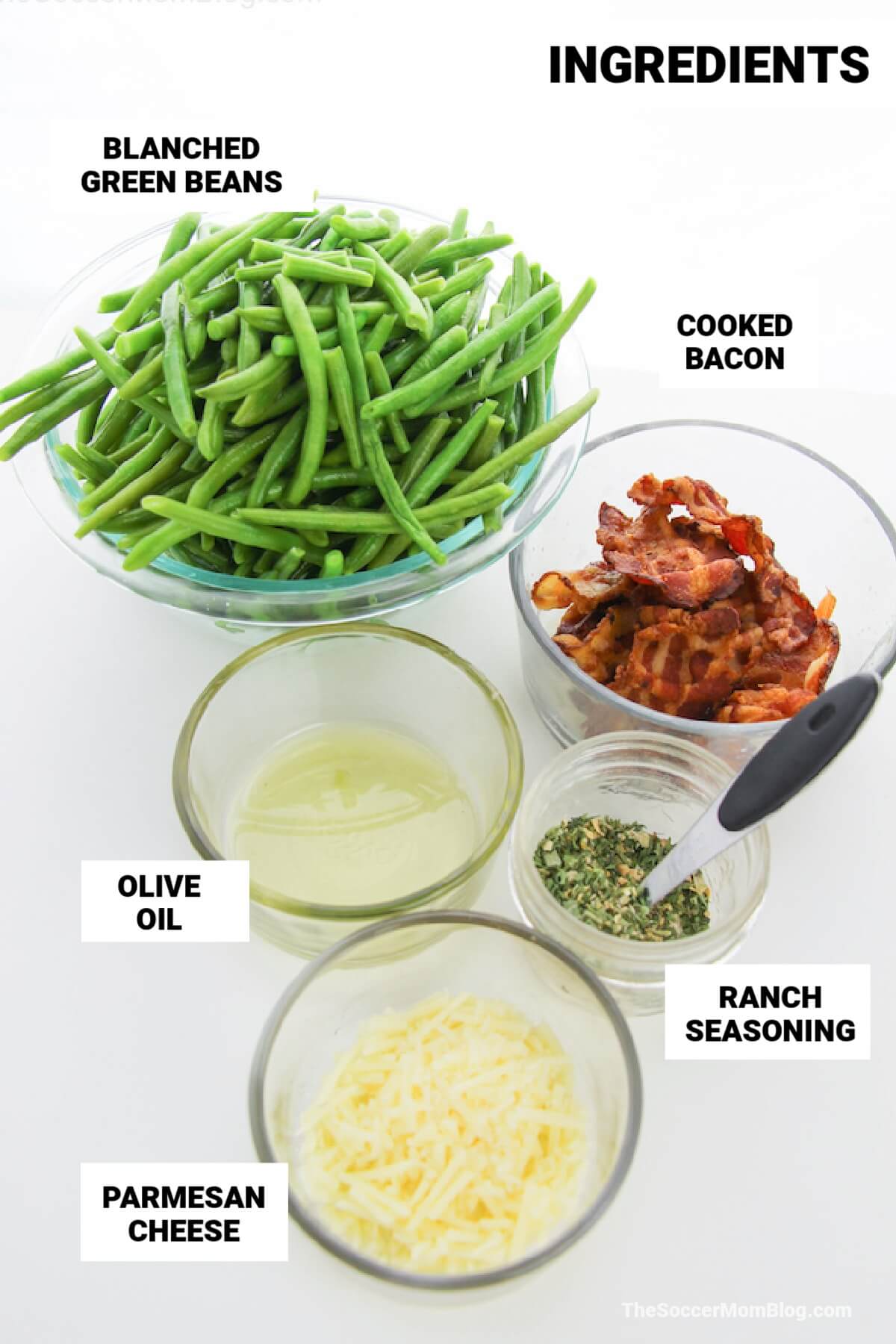 ingredients to make parmesan roasted green beans, with text labels.
