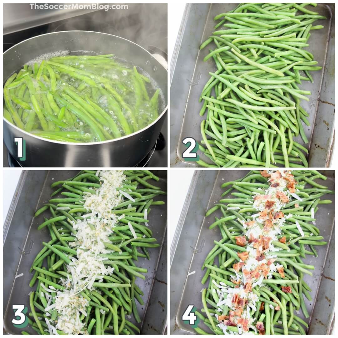 4 step photo collage showing how to make roasted green beans.