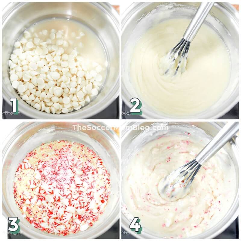 step by step photo collage showing how to make candy cane fudge batter in saucepan