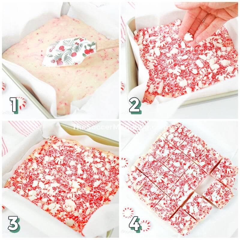 step by step photo collage showing how to make a pan of peppermint fudge