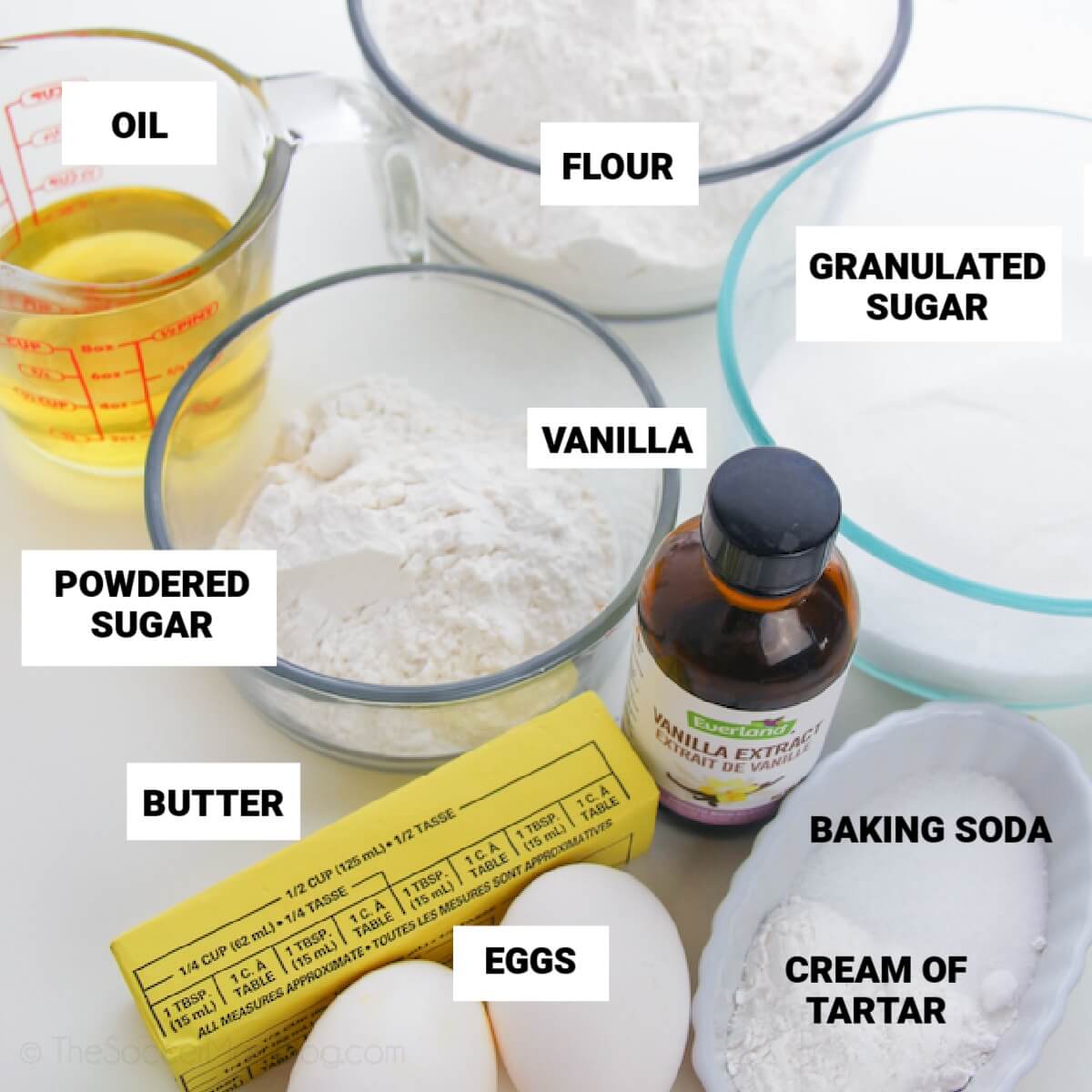 Amish sugar cookie ingredients, with text labels.