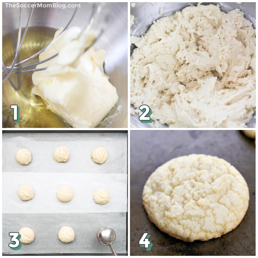 4 step photo collage showing how to make Amish sugar cookies.