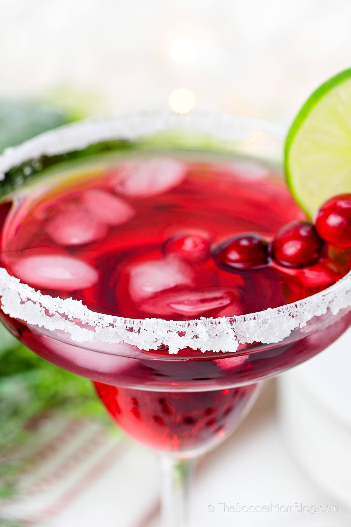 close up of a Christmas margarita made with cranberry juice