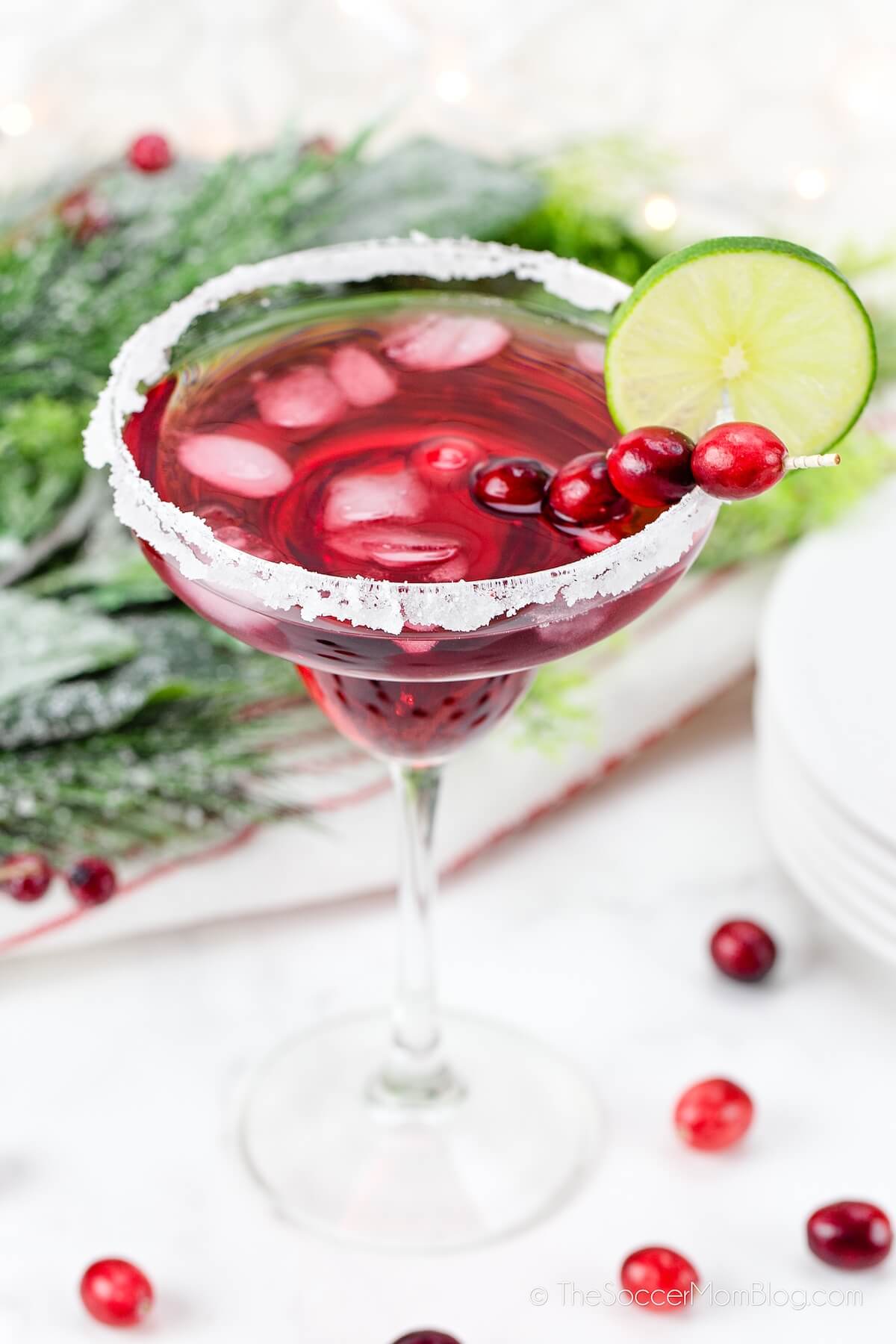 Cranberry Christmas Margarita with a sugar rim