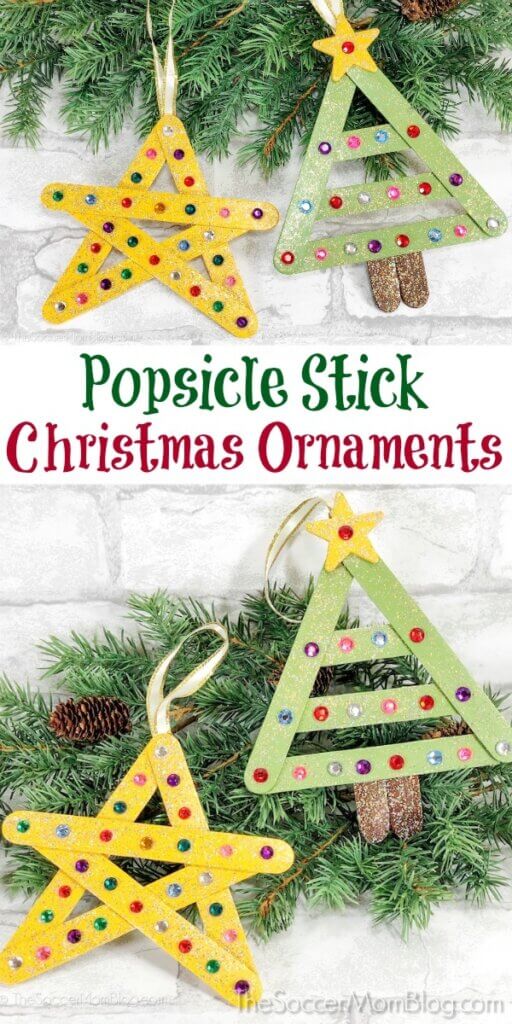 Christmas tree and star ornaments made with popsicle sticks