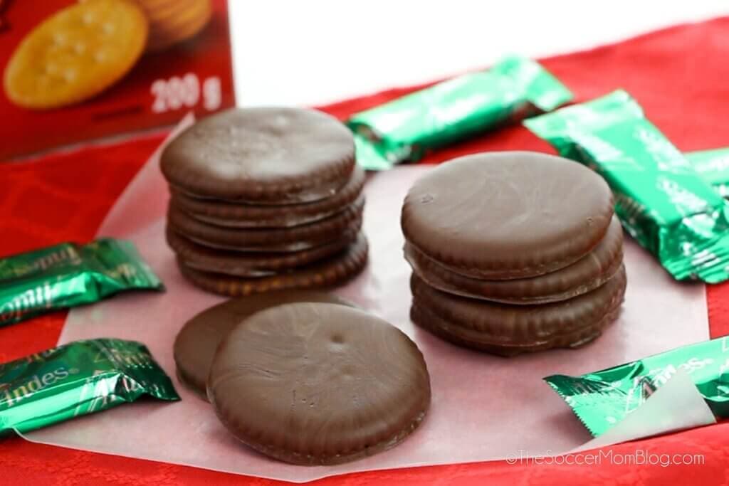 stack of Ritz Cracker Thin Mints, surrounded by Andes mints