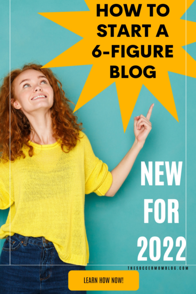 woman on blue background pointing to text bubble: "How to Start a 6-Figure Blog"