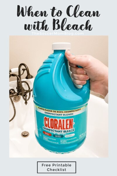 holding a jug of bleach in front of bathtub "When to Clean with Bleach"