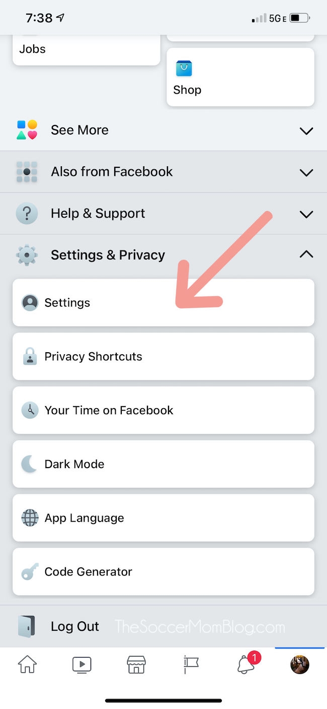 facebook settings menu, arrow pointing to "settings"