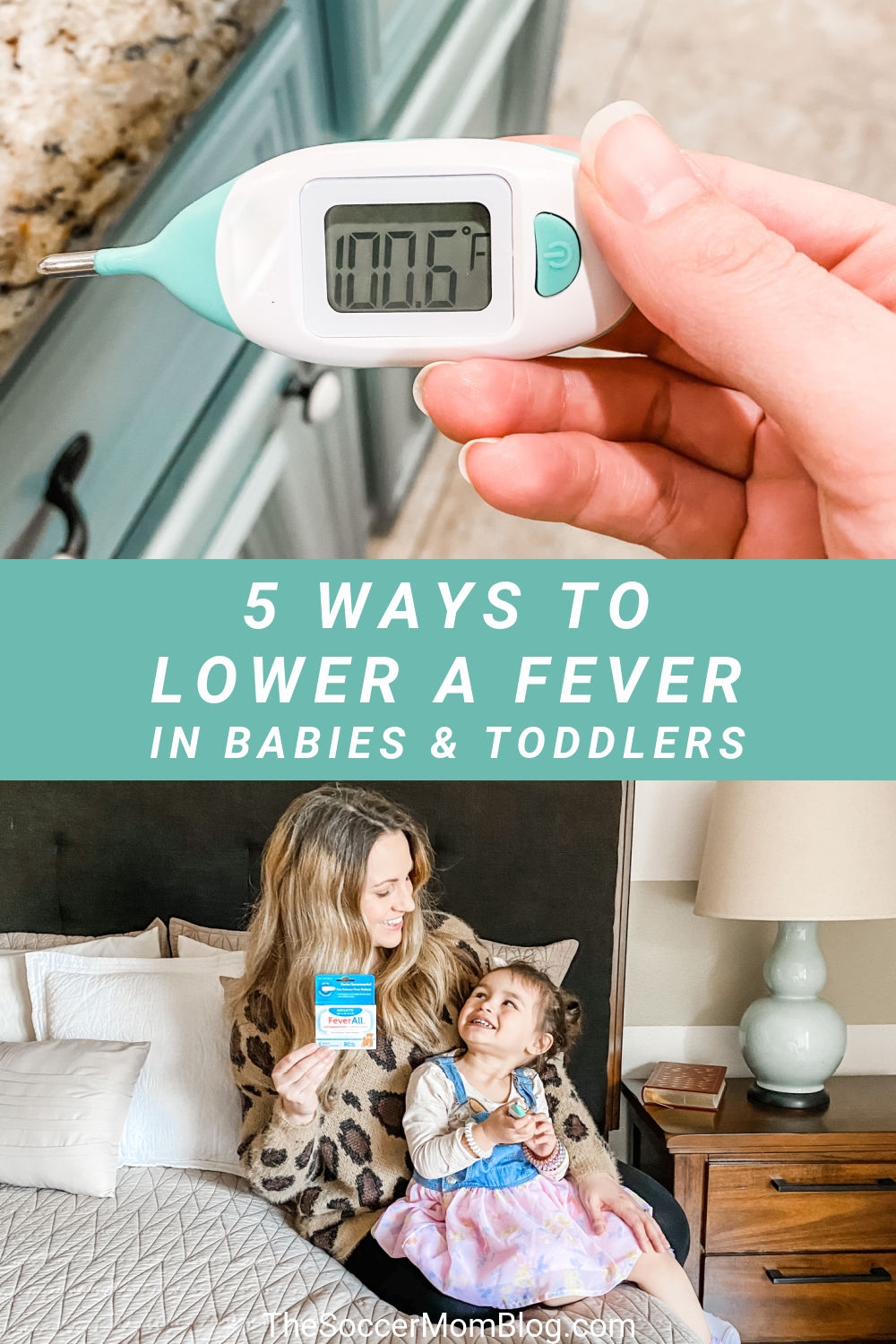holding a digital thermometer; mom and toddler on bed