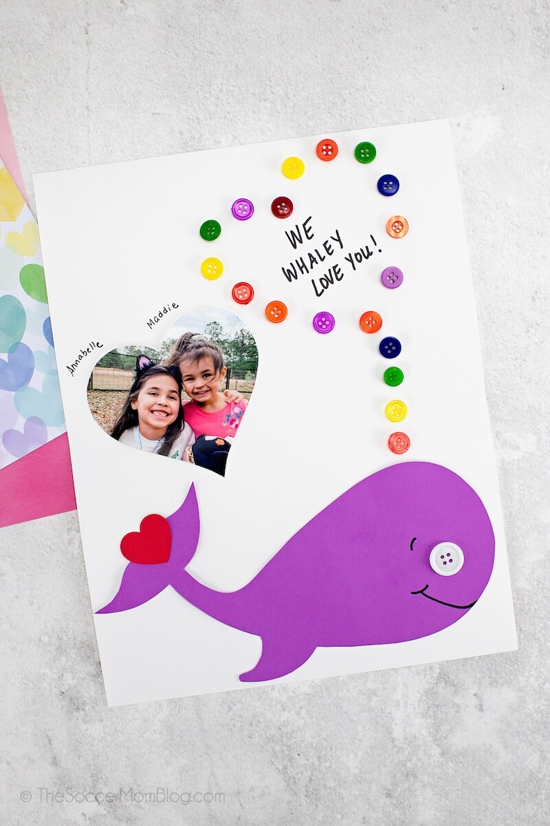 kid made whale Valentine card with text "We Whaley Love You"