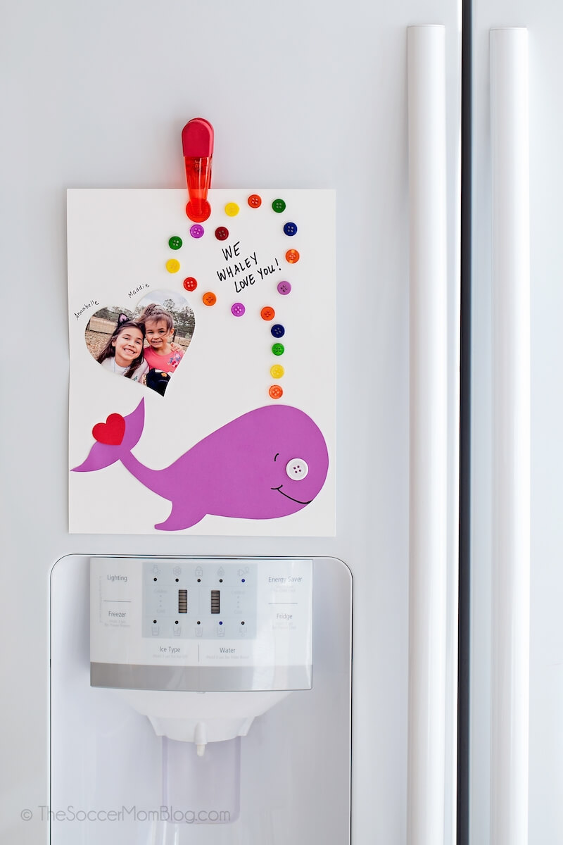 whale Valentine card displayed on fridge