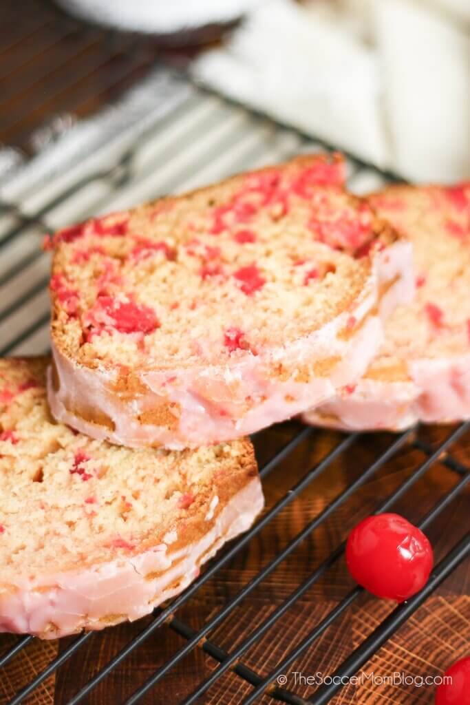 slices of cherry bread on wire cooling rack