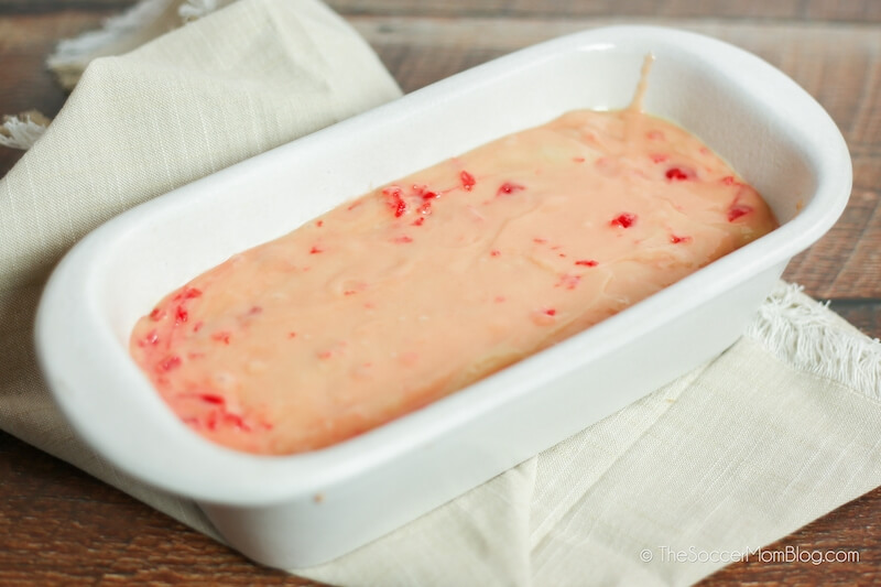 cherry bread batter in loaf pan