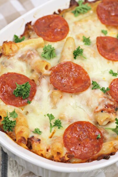 baked pizza pasta in casserole dish