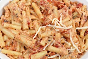 pasta with creamy tomato sauce in casserole dish