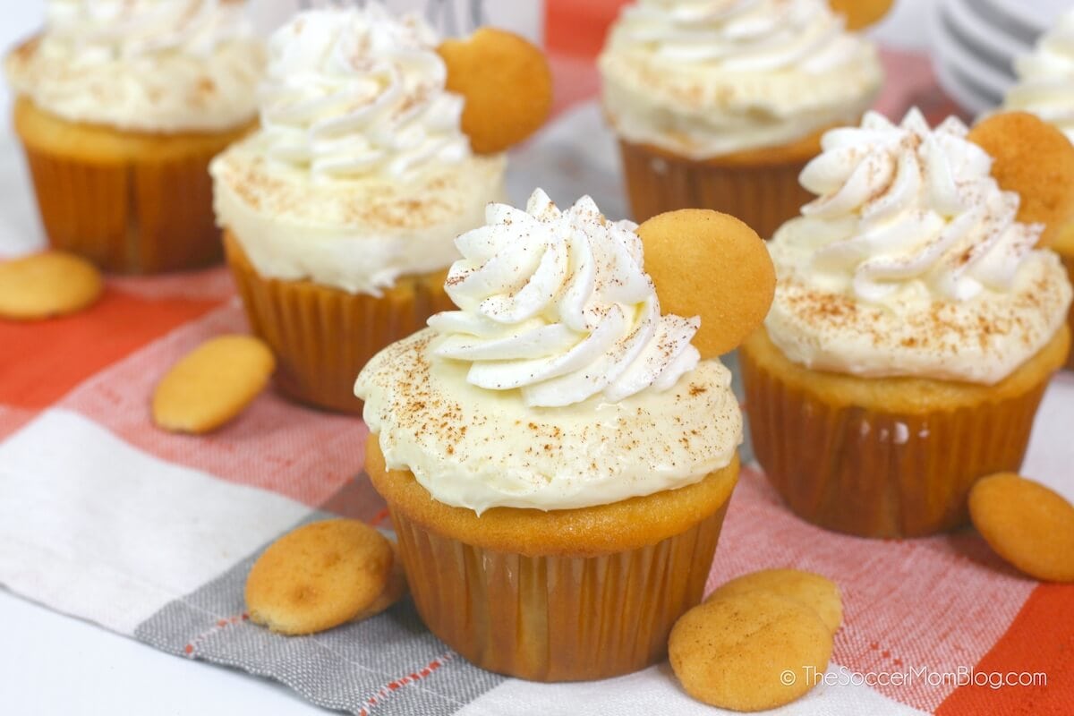 cupcakes topped with banana pudding and whipped cream