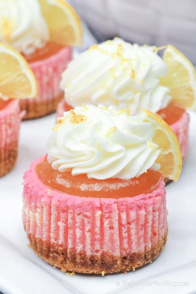 mini pink lemonade cheesecakes with whipped cream