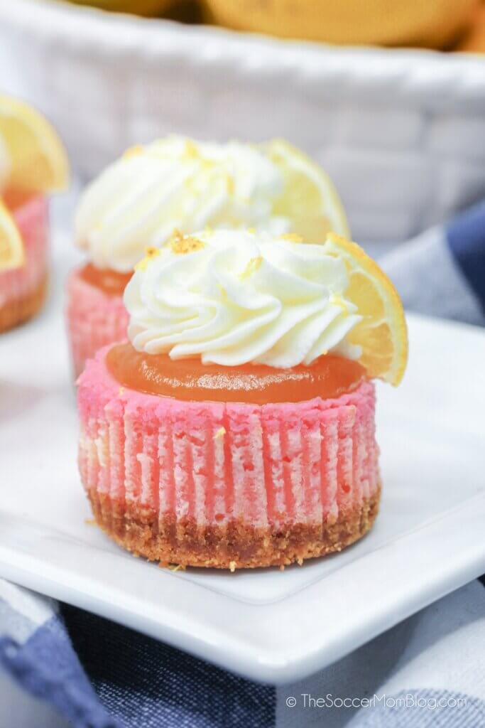 close up of a mini pink lemonade cheesecake