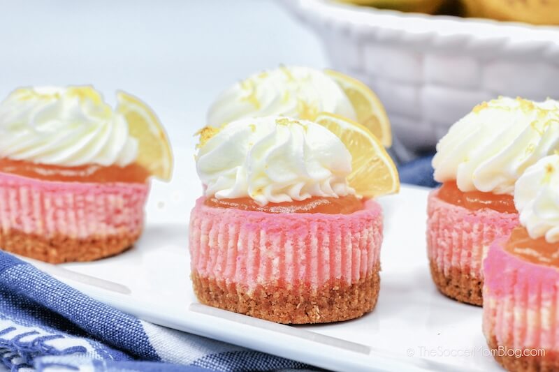 plate of mini pink lemonade cheesecakes