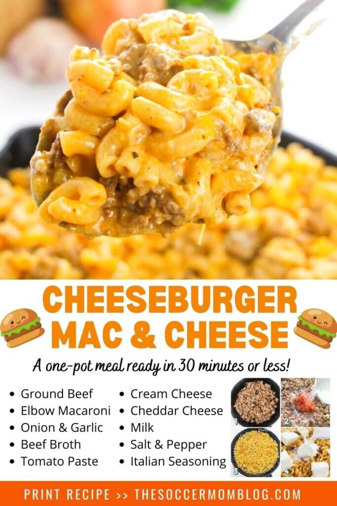 cheeseburger mac and cheese image with recipe ingredient list