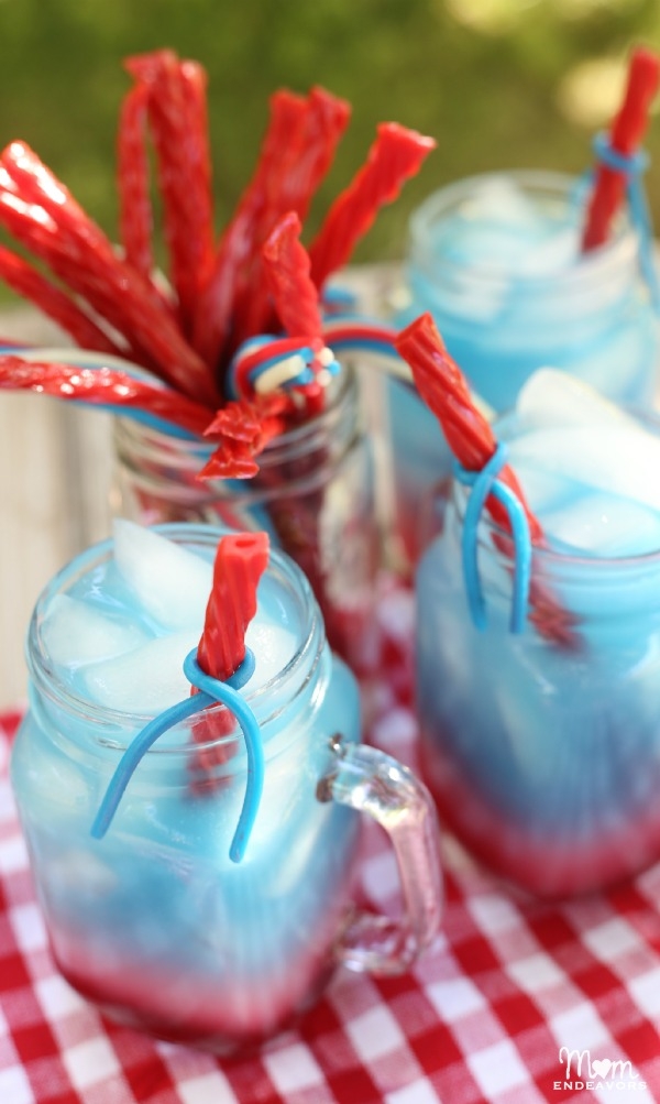 red white and blue drink in mason jar with licorice