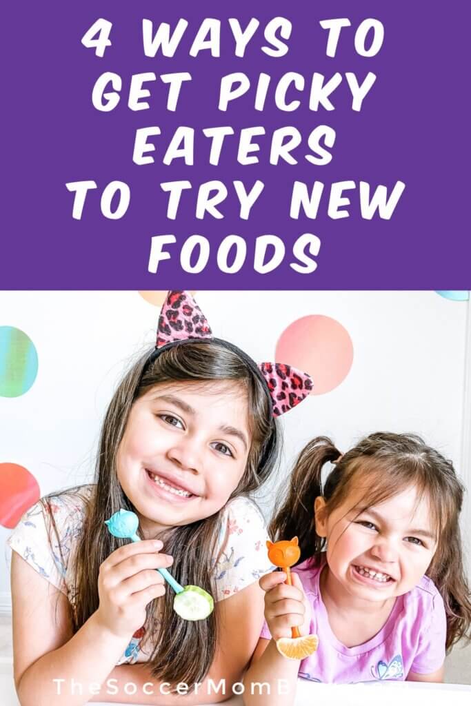 little girls eating a snack; text overlay "4 Ways to Get Picky Eaters to Try New Foods"