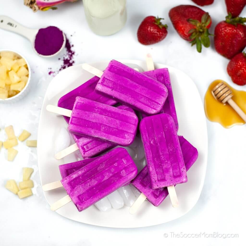 plate dragon fruit popsicles viewed from above