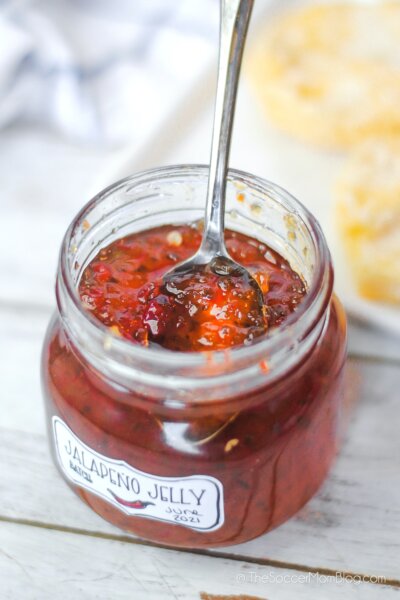 open jar of homemade jalapeño pepper jelly