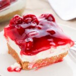 A slice of No Bake Cherry Cheesecake