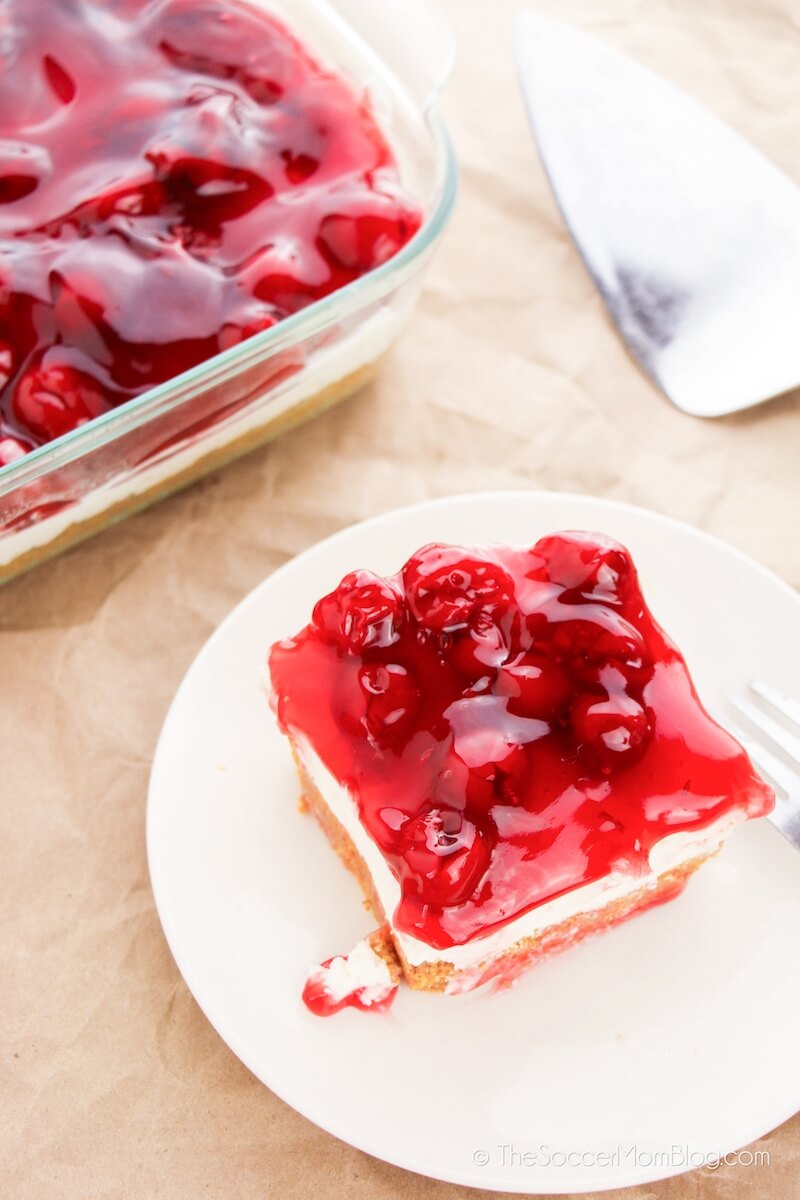 no bake cheesecake topped with cherry pie filling