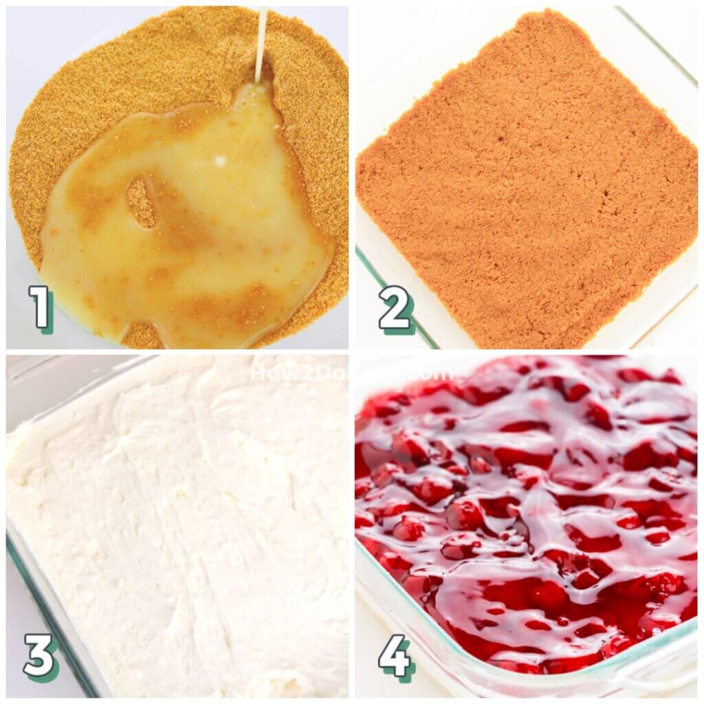 step by step photo collage showing how to make a no bake cherry cheesecake